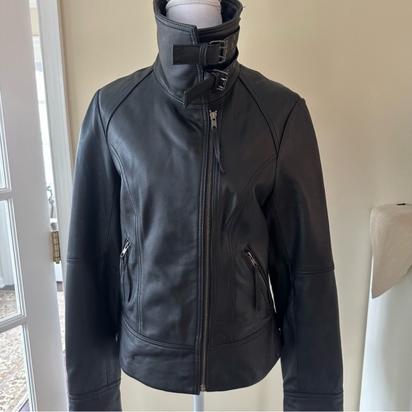 Calvin Klein Jackets & Blazers - Calvin Klein Black Leather Funnel Collar High Neck Asymmetrical Moto Jacket XS